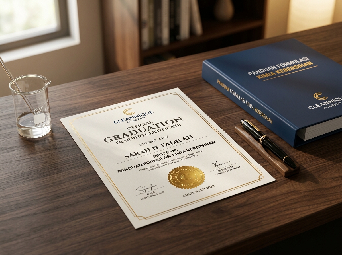 Mockup Sertifikat Pelatihan Resmi Cleanique Academy dan Modul Panduan Praktikum
